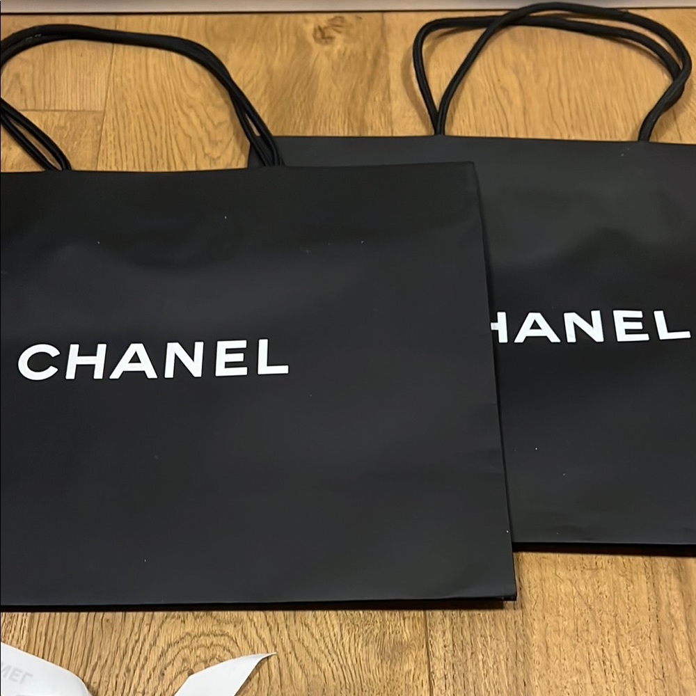 CHANEL Black Shopping Bags with White Camellia Logo and Ribbon - Picture 5 of 7